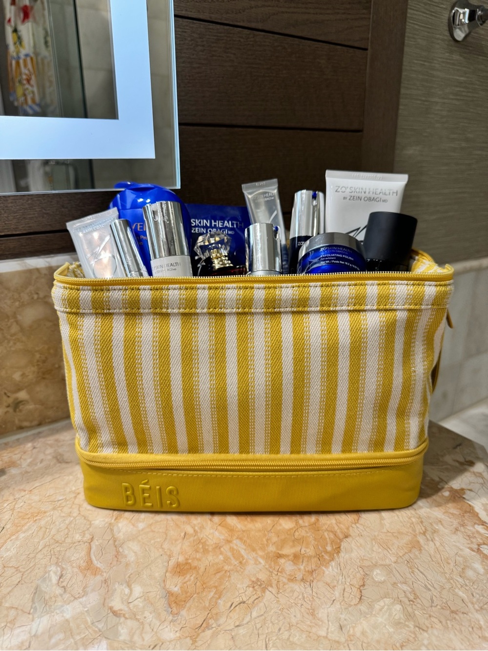 BÉIS Yellow & White Striped Cosmetic Bag Travel Makeup Case